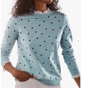 Boden Women’s Holly Blue Polka Dot Lace Collar Cuff Sweatshirt Size: XL